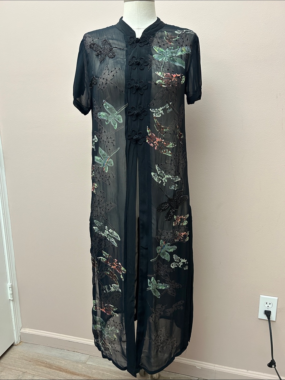 VTG Cache Sheer Black Embroidered Butterfly Duster Asian frog closure sz small - Picture 2 of 16